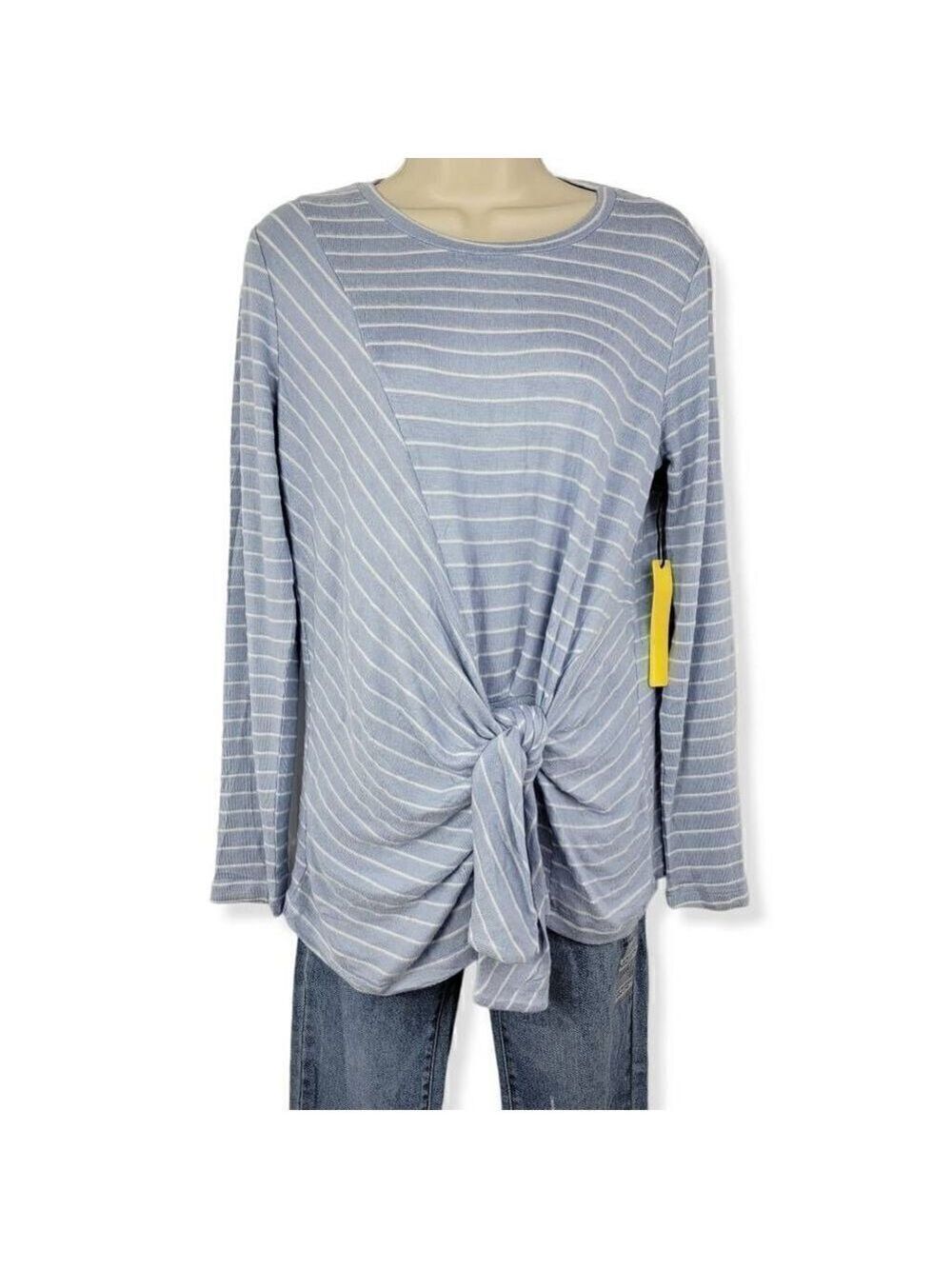 Gibson Blue Striped Tie Front Fleece Sweater Petite Medium